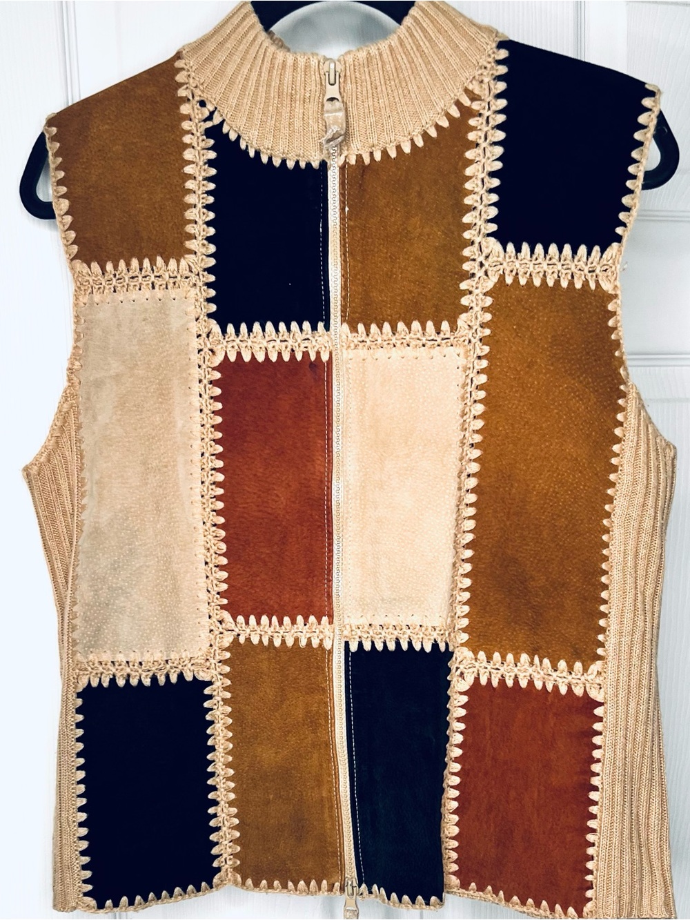Designers Studio Sz L Patchwork Suede & Knit Zip Vest iTan, Brown & Black Zipper